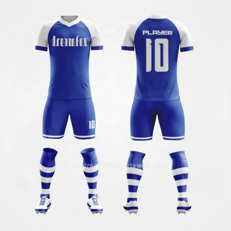 Conjunto de camisa de futebol, conjunto barato em camisa de futebol personalizado azul