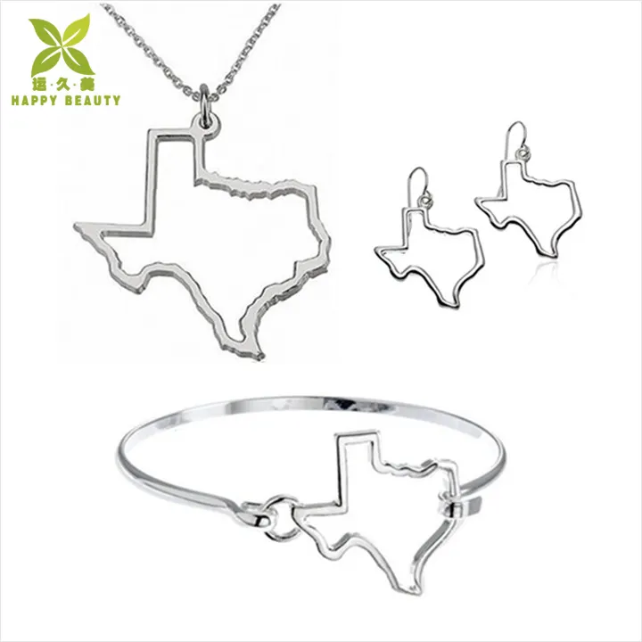 Texas Shaped State Necklace Dangle Earrings Bangle Bracelet Set