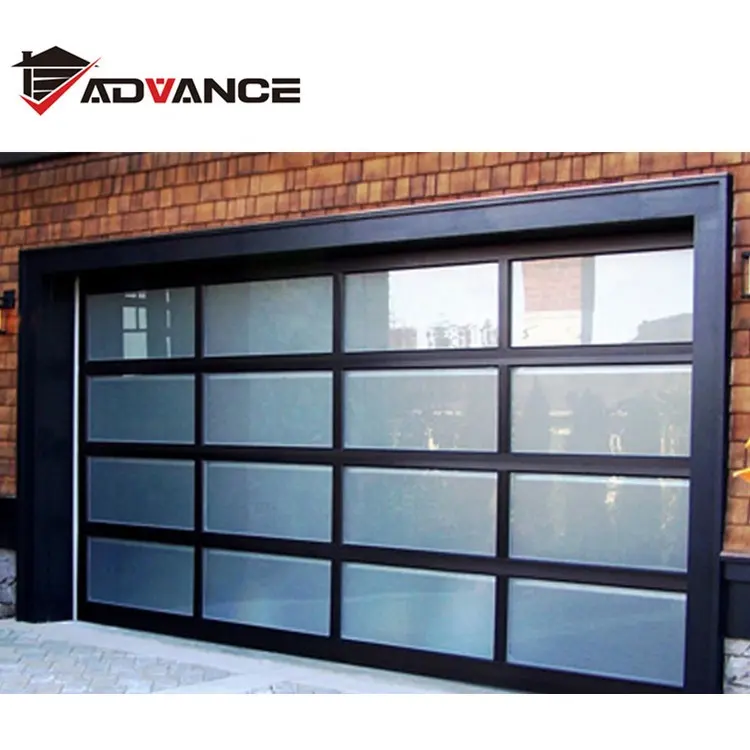 Black Aluminum Frame Automatic Frosted Tempered Glass Panels Garage Door Prices