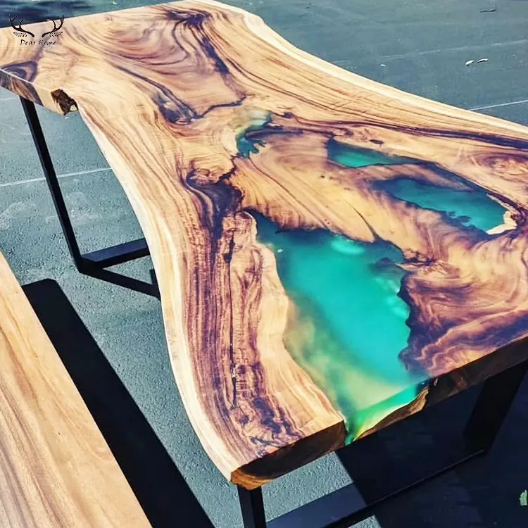 Mesa de comedor de resina epoxi transparente, mesa de borde vivo de Río, madera sólida, diseño único