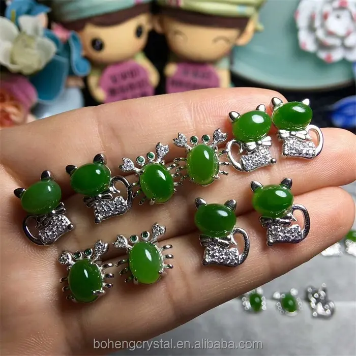 Pendiente con incrustaciones de plata pura de nefrita rusa de jade natural, venta al por mayor