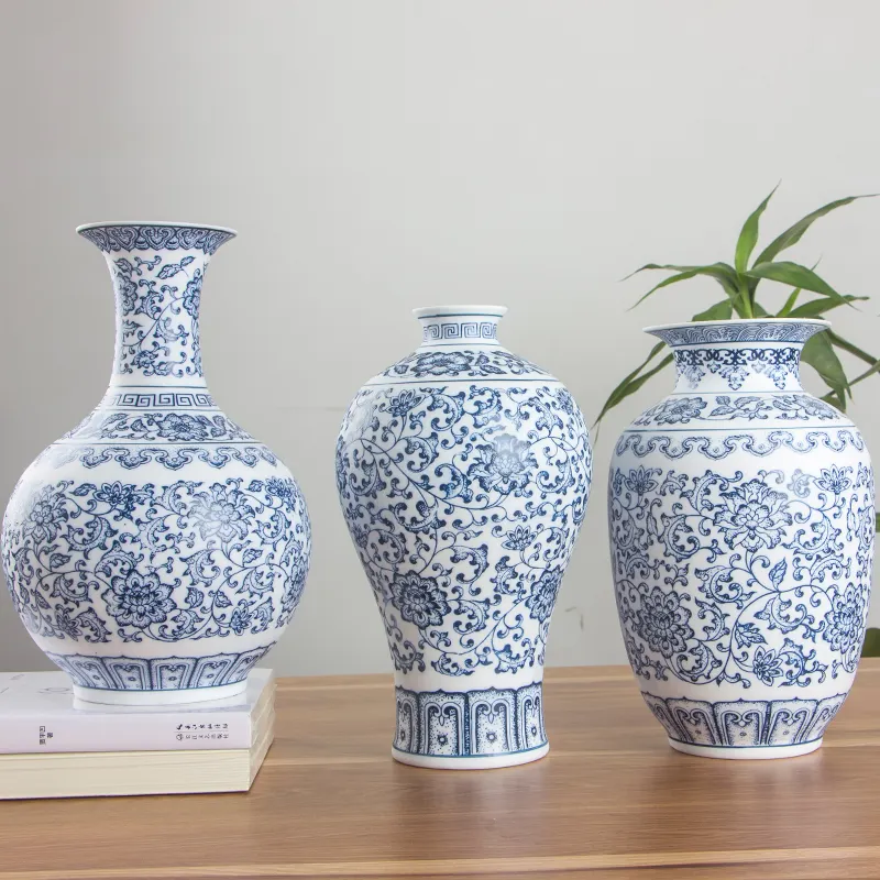 A tradição chinesa azul e branco de cerâmica decoração de casa vasos de flores por atacado