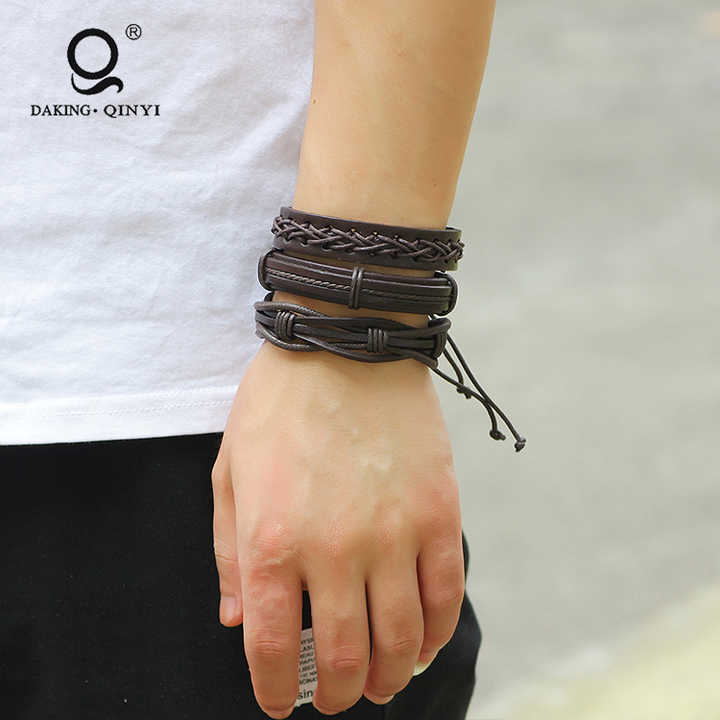 Gelang Anyaman Buatan Tangan Kulit Imitasi Tali Lilin Cokelat Populer Mode Grosir