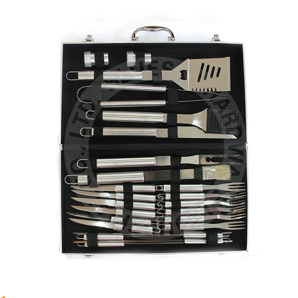 Juego de utensilios de acero inoxidable para barbacoa, herramientas para parrilla, Kit de accesorios con caja de almacenamiento, 24 piezas