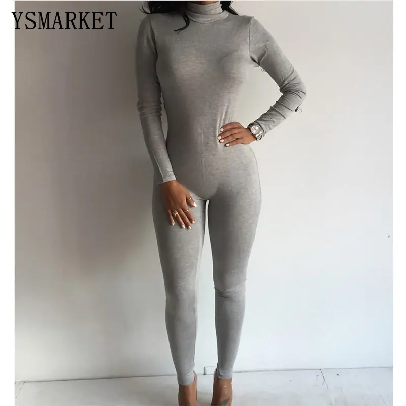 Women One Piece Long Sleeve Turtleneck Bodycon Back Zipper Long Pants Sexy Jumpsuits real photo