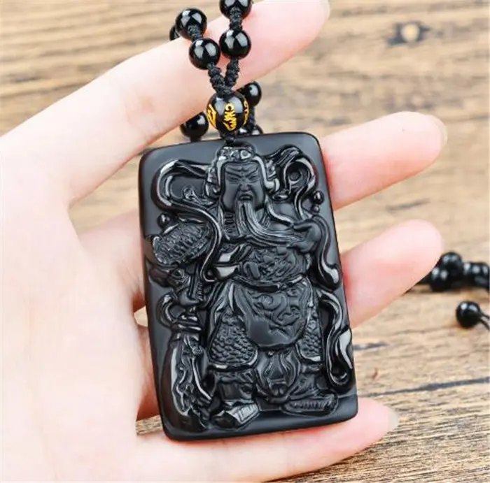 Black Obsidian แกะสลัก Guan Yu จี้หินธรรมชาติและเครื่องรางเครื่องประดับคริสตัลสำหรับผู้ชาย