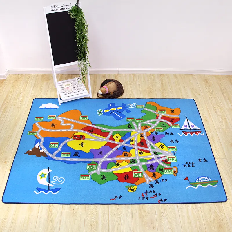 แผนที่โลกโพลีเอสเตอร์นุ่มเด็กเรียนรู้การเล่นเสื่อเด็กการ์ตูนห้องนอนพรมภาพ