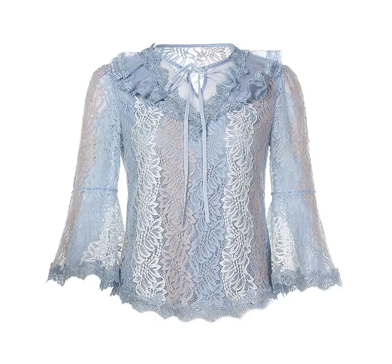Blusa vintage feminina com decote em v, para primavera e verão, camisa falbala, malha de renda, chiffon, manga longa