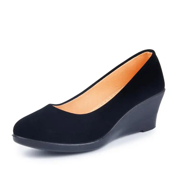 Zapatos de trabajo para mujer, calzado formal de tacón de cuña alto, color negro, venta al por mayor, primavera y otoño