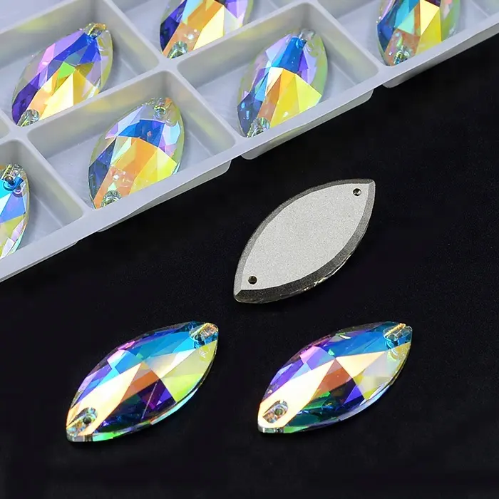 Pabrik grosir kualitas terbaik kristal AB 2 lubang mata kuda navette 7X15mm jahit marquise berlian imitasi untuk kostum
