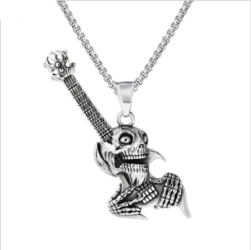 Collier avec pendentif de guitare, bijoux en acier inoxydable, accessoire pour hommes, style gothique, Cool