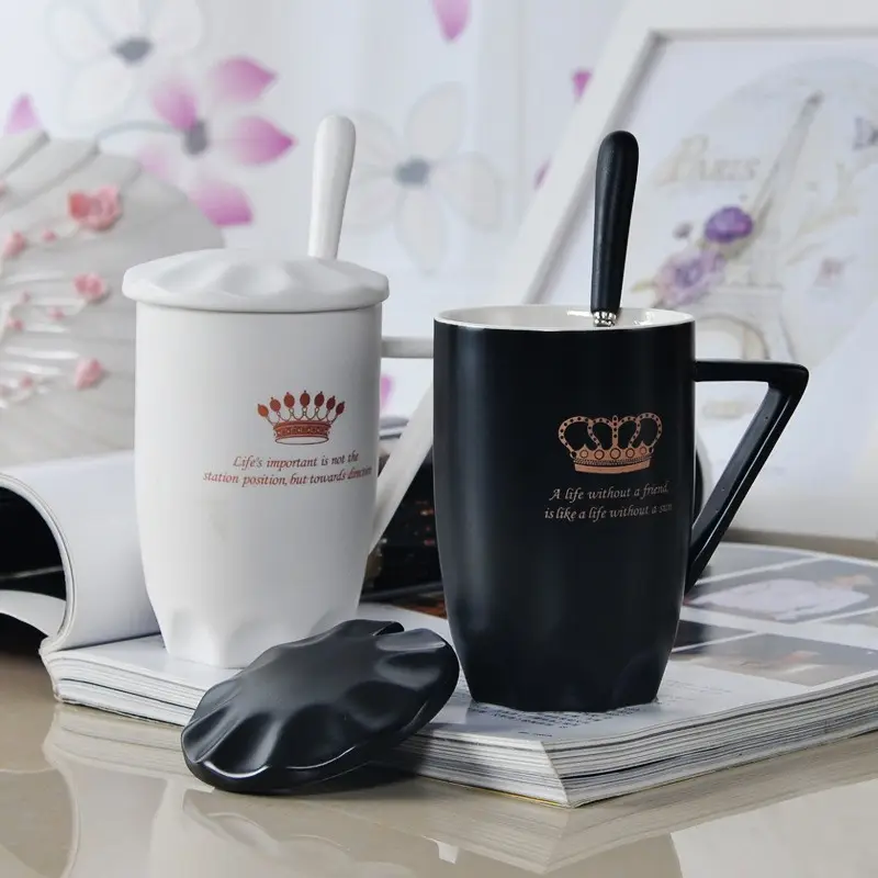 Couple black and white mug with custom print with stainless spoon ceramic coffee mug with lid