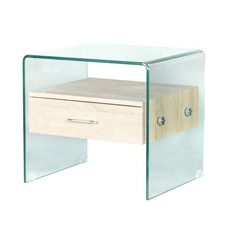 High end elegant un-tempered glass side table living room glass furniture bent glass table price with MDF drawer