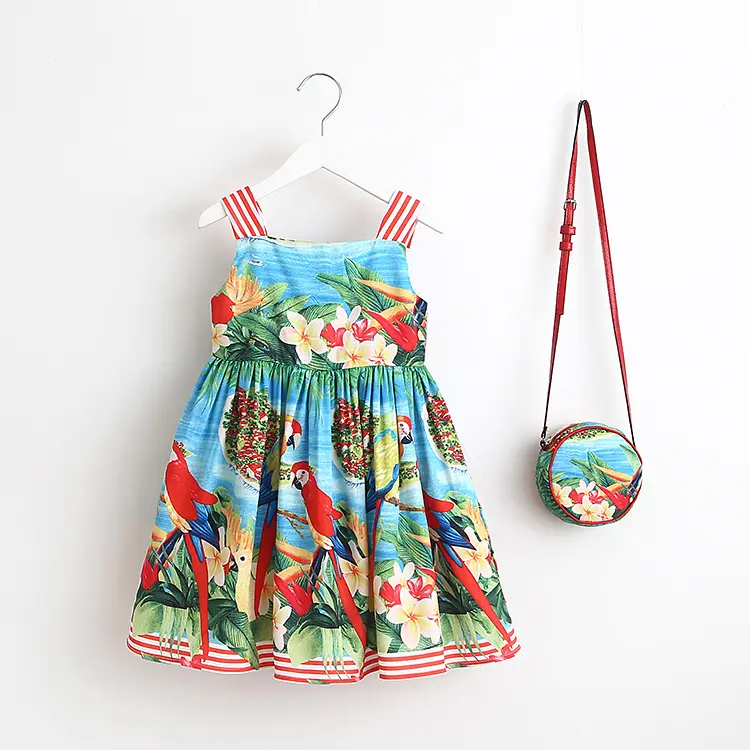 Ivy10372a vestido para meninas, europeu, crianças, alta qualidade, flor, estampado, com bolsa, moda infantil, vestido de linha a,