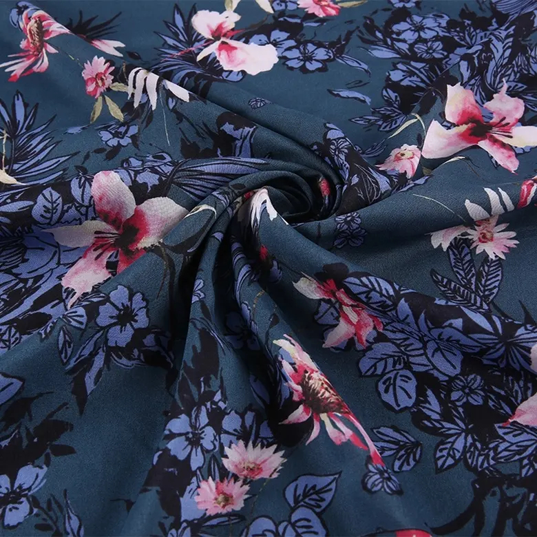 Professional textile navy blue lady's dress printed 100% rayon challis woven fabric floral