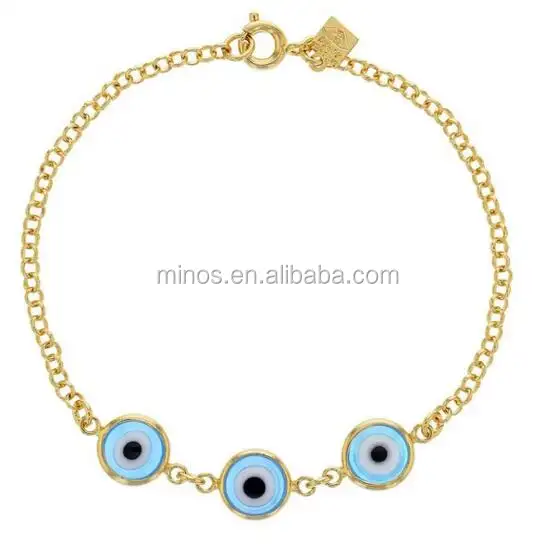 Amuleto chapado en oro de 18k, pulsera de bebé de cristal de Murano azul, ojos malvados turcos