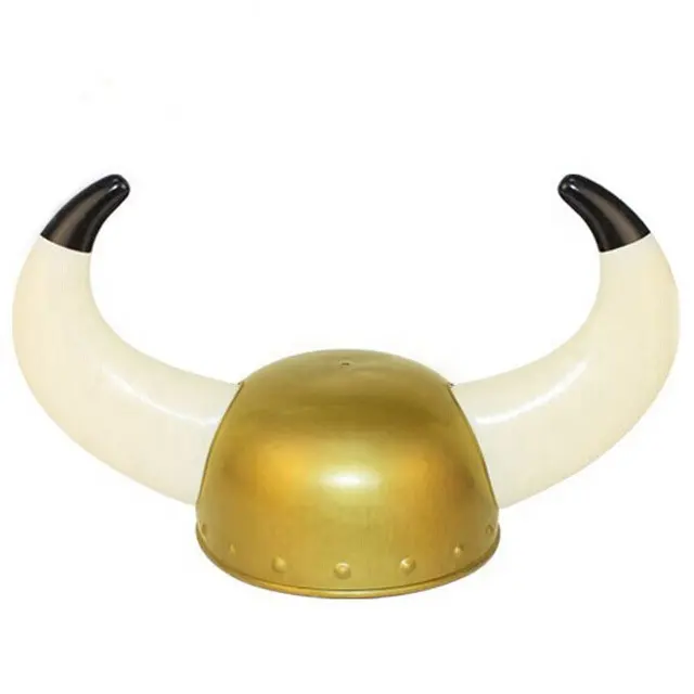 Adult one size Medieval viking helmet with plastic horns mens fancy dress hat gold black