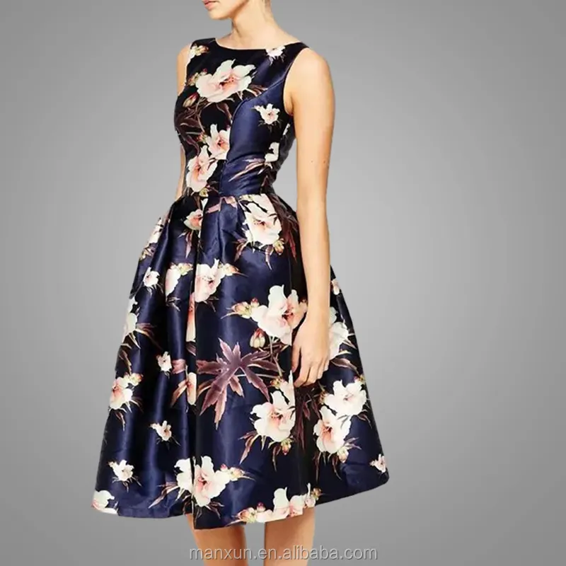 Vestido de satén sin mangas para mujer, estampado Floral, cuello redondo, longitud hasta la rodilla, elegante