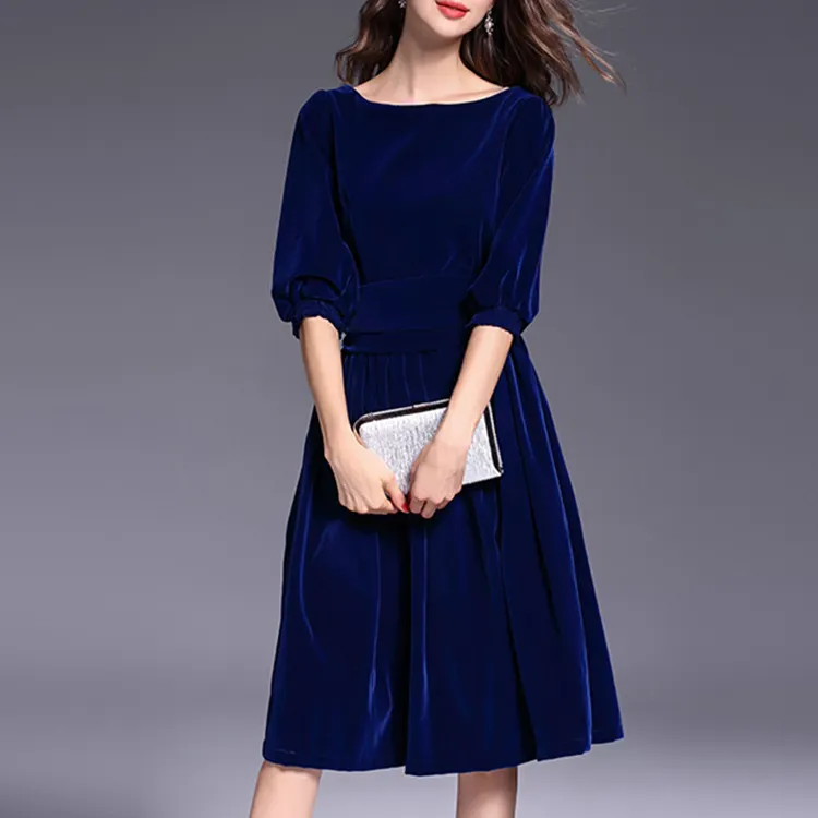Royal blue vestidos de veludo, bonito vestido de moda feminina, manga comprida, maxi vestido