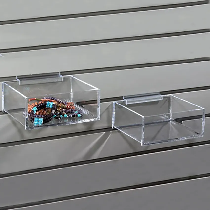 Cubos de acrílico rectangulares personalizados al por mayor, contenedores de exhibición acrílicos Slatwall
