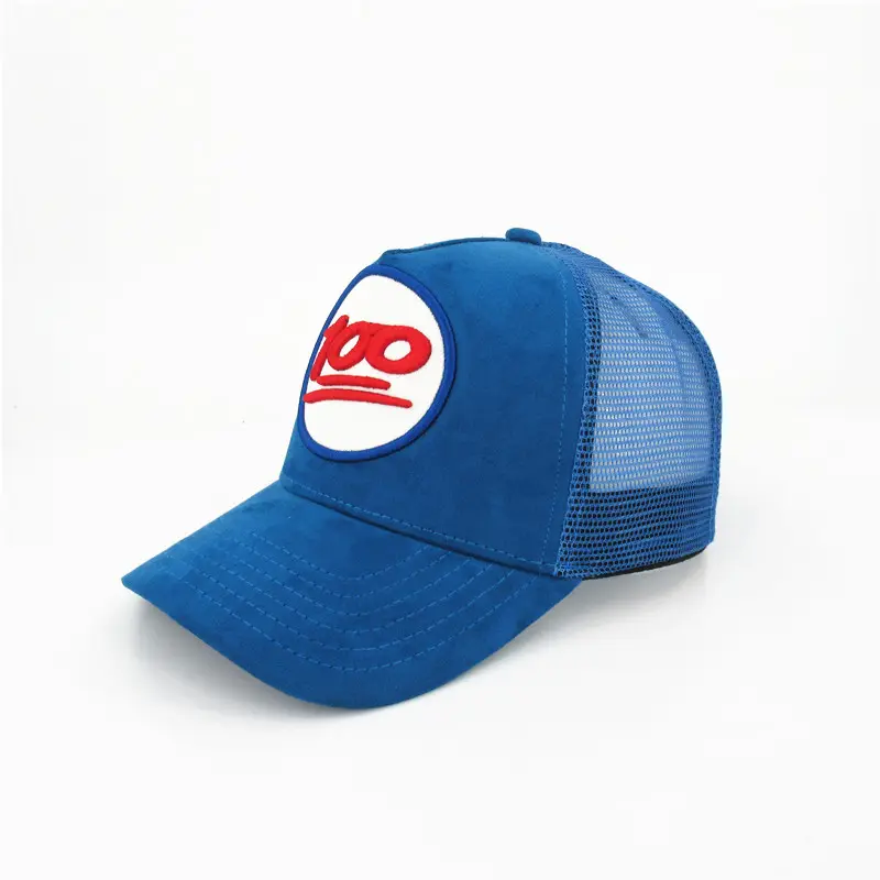 Süet beyzbol şapkası mavi kamyon şoförü şapkaları ile nakış yama örgü Snapback şapka