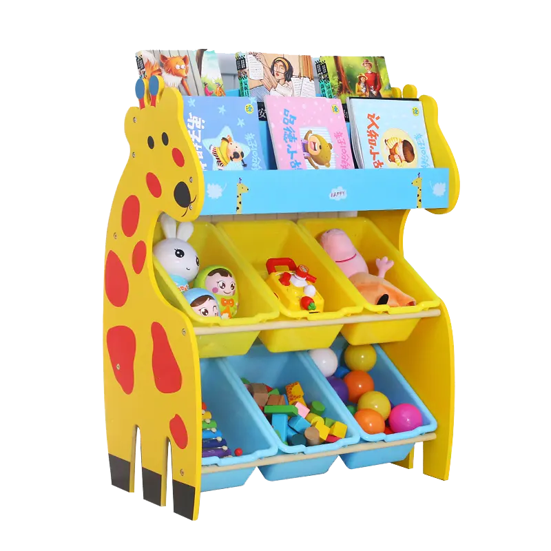 Meubles de chambre d'enfants style girafe étagère à jouets en bois armoire pour enfants avec boîte de rangement en plastique à vendre