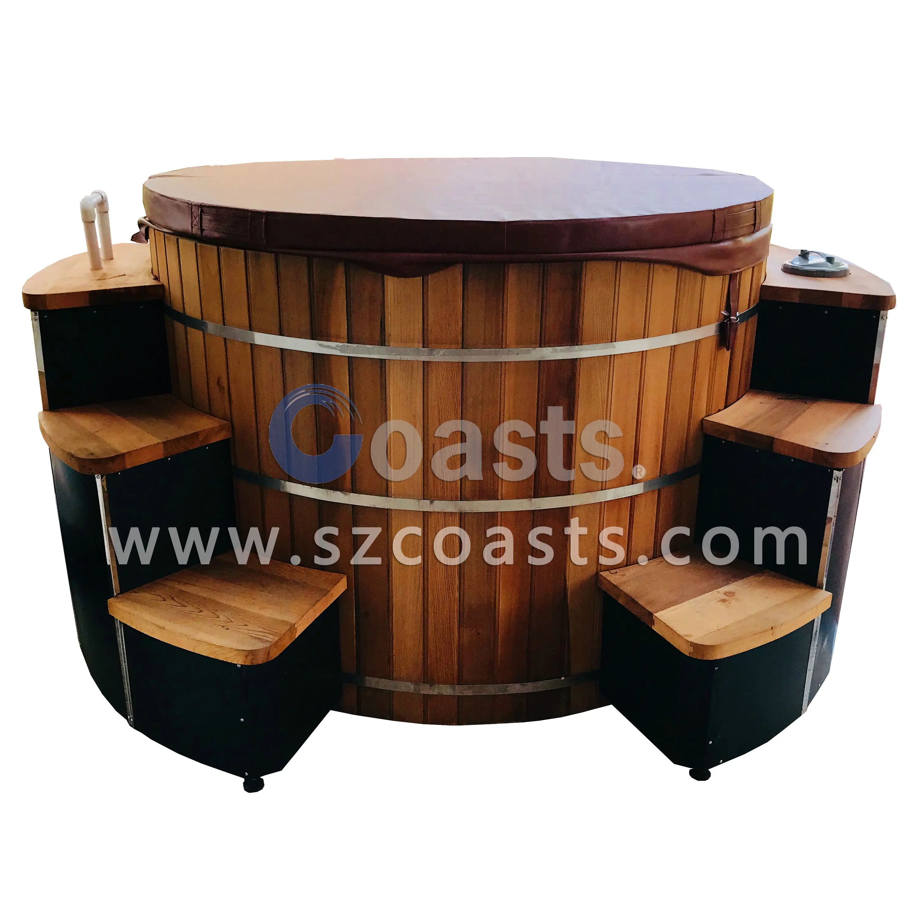 Bañera de Spa con sistema de ozono y masaje de burbujas de aire de lujo, bañera de hidromasaje de madera con luz LED