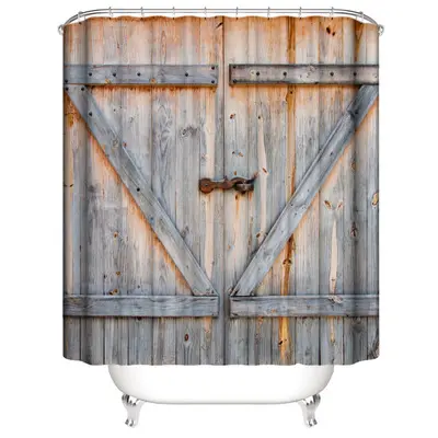 كويكي ريفي خمر قديم باب خشبي زينة ستارة الحمام البوليستر للماء قابل للغسل Grey 180x180 دش الستار