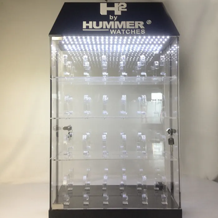 Personalizada de fábrica de vidro vitrine com luz LED relógio caixa de vidro armário de exposição para a loja