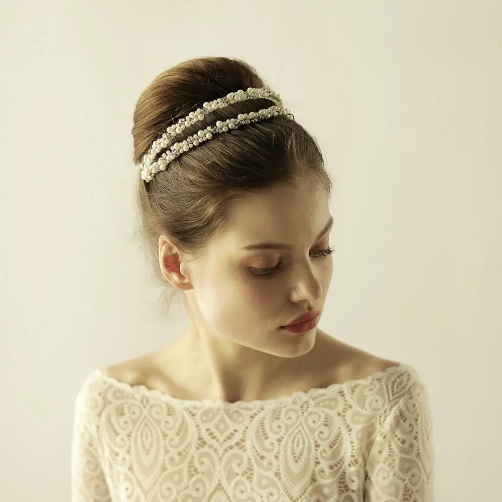 Diadema nupcial con cuentas de perlas, doble aro brillante, accesorios para el cabello para novia, boda, imagen Real, disponible