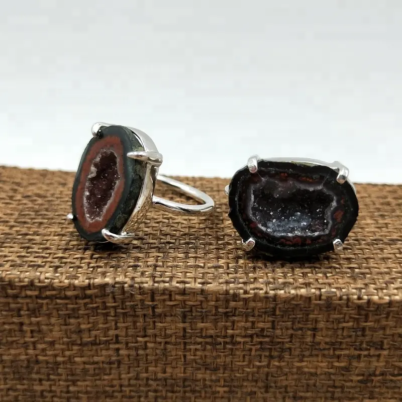 Negro Natural piedra duro anillos personalizados druzy geode joyería de plata 925 modelos anillo de los hombres