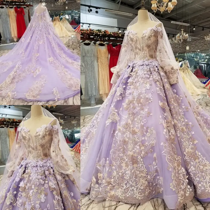 Hermosa 3D flores perla correa de espagueti púrpura vestido de boda