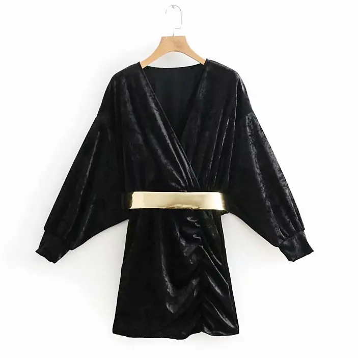 Ceintures en velours noir et col v pour femmes,, de bonne qualité, couleur or, manches longues, sexy, femme, mini robe kimono,