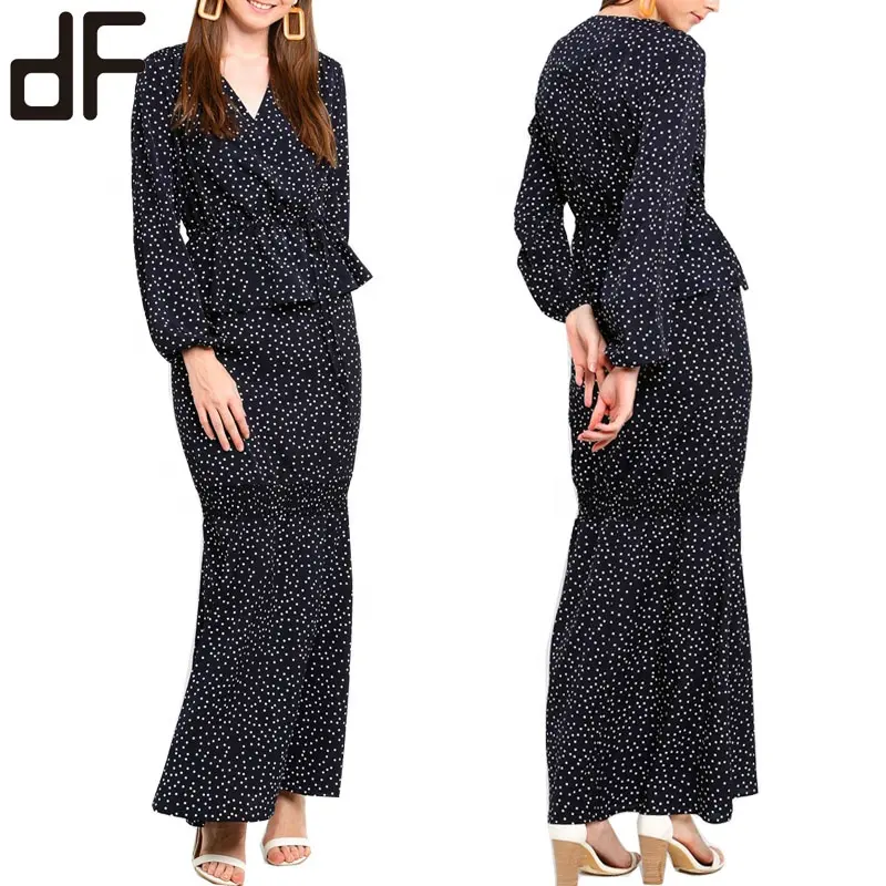 Atacado tipo de fonte de manga longa maxi muscular, modelo envoltório top kurung conjuntos de fornecimento navy bolinhas impresso moderno