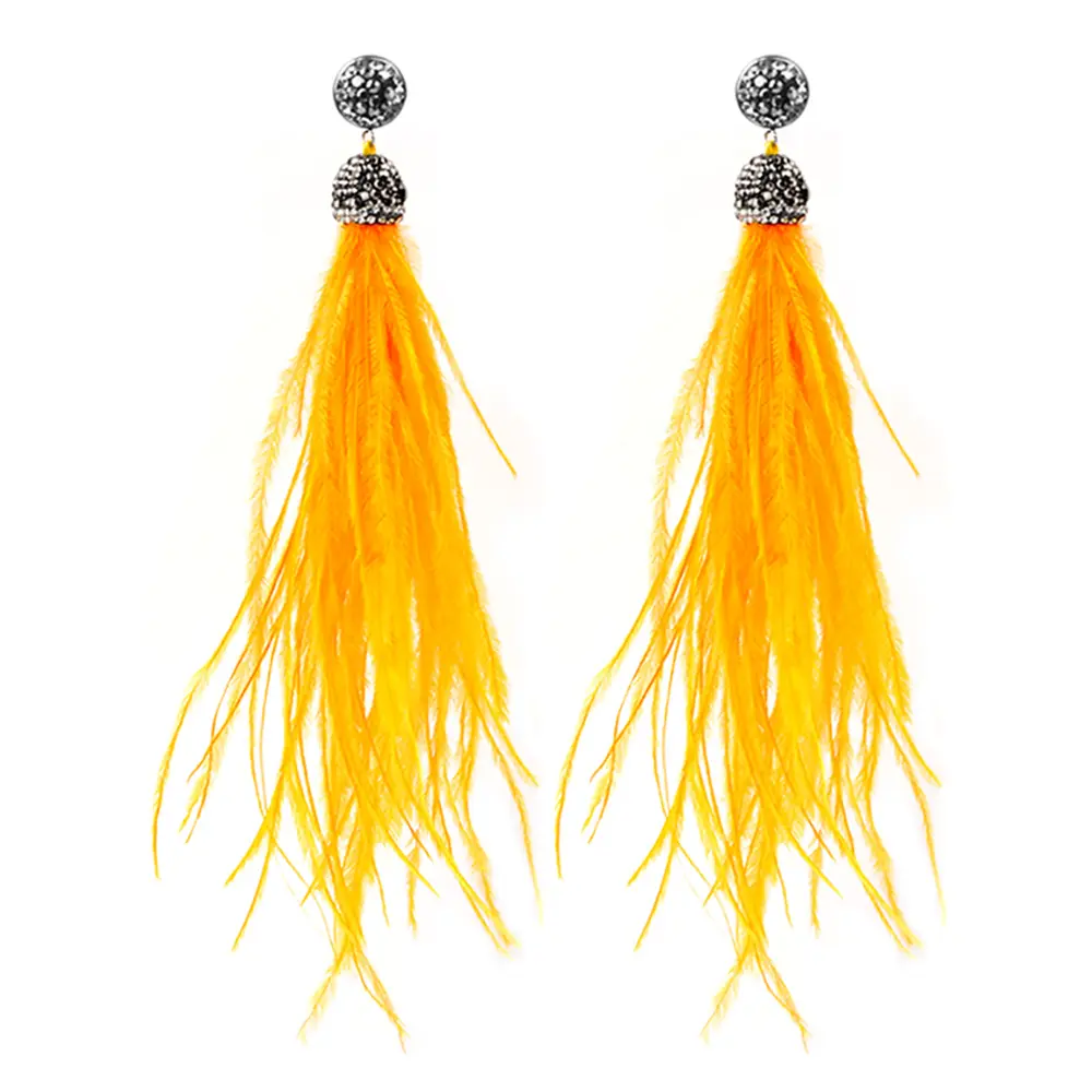 Pendientes bohemios de plumas de avestruz genuinas, aretes largos de cristal con borlas colgantes, joyería para mujer, joyería de boda