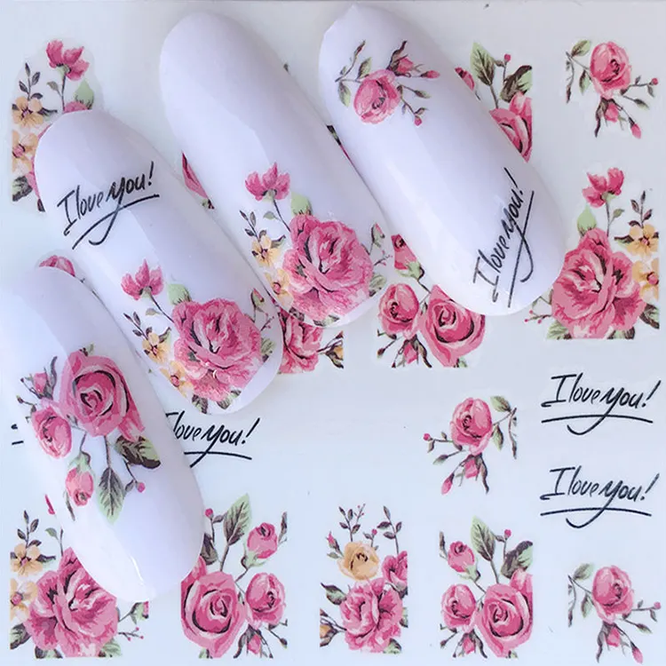 Pegatinas estampadas con logo personalizado, Serie de flores decorativas, arte de uñas, transferencia al agua, envolturas completas, calcomanías para uñas