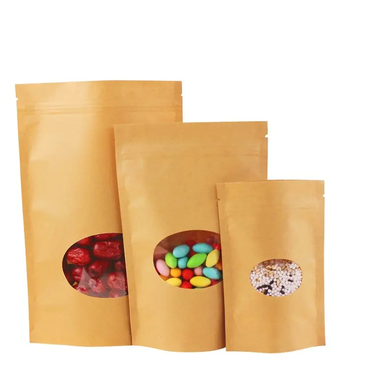 Bolsa de papel Kraft con Cierre trasero pequeño, bolsa de embalaje de alimentos con ventana, granulados de estilo marrón, embalaje personalizado para dulces y aperitivos