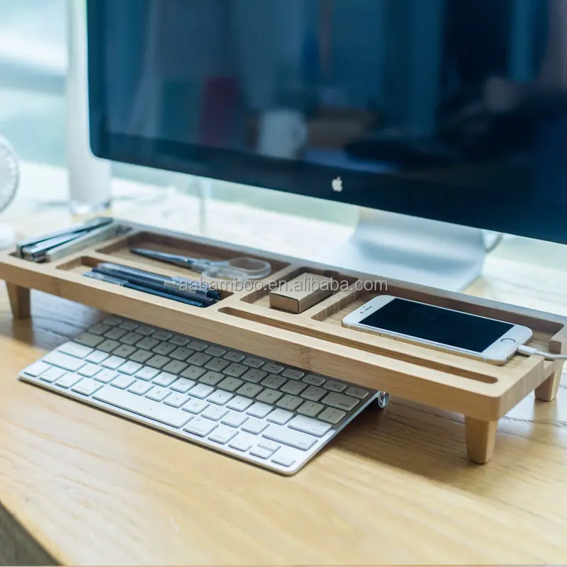 Organiseur en bois de bambou, personnalisé, rangement de bureau, plateau de économie de clavier, avec position de téléphone pour le bureau