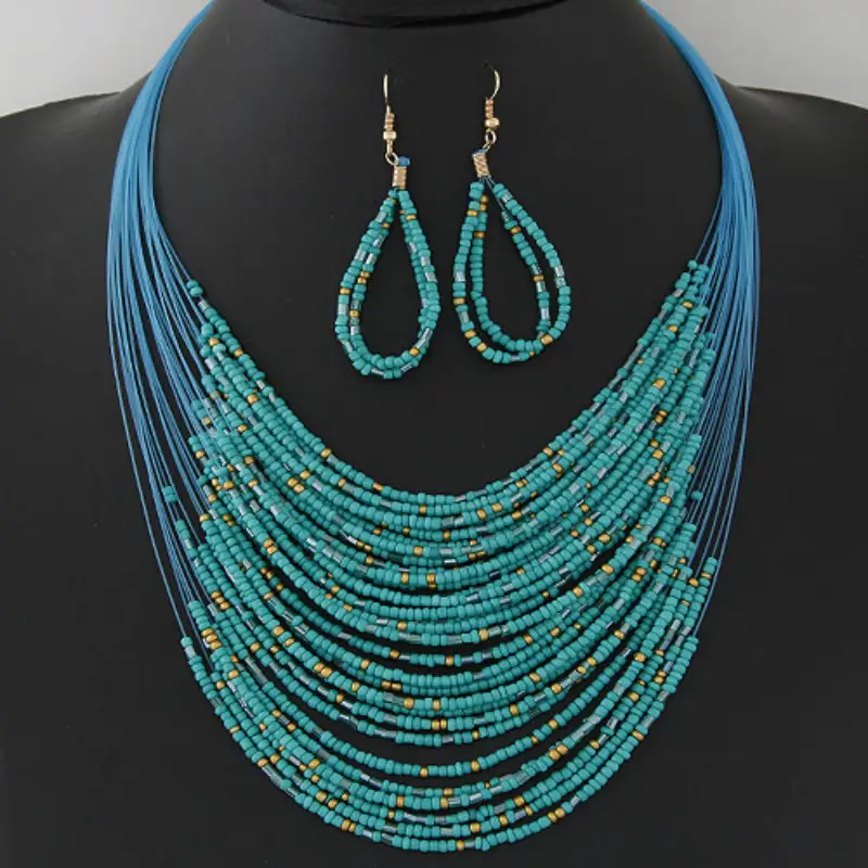 Bohemia Style Handmade Woven Bead Multilayer Necklace Earrings Set