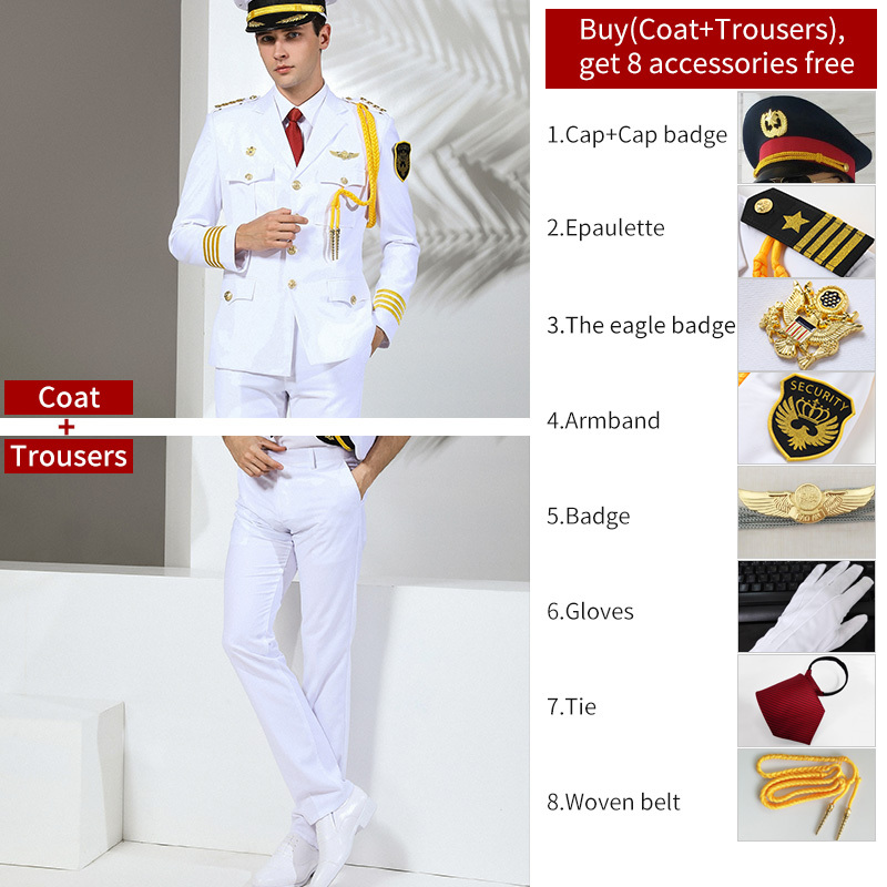 Costume uniforme blanc + casquette noire + badge 2 + 6 accessoires