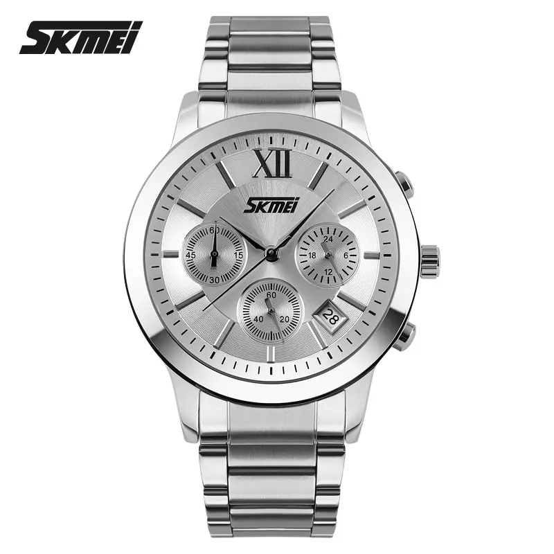 Skmei #9097 relógio de homem de quartzo, relógio de aço inoxidável resistente à água de volta de qualidade