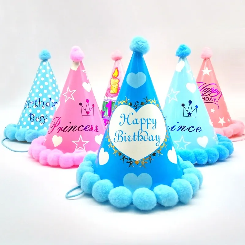 Chapéu de papel do feliz aniversário colorido, com pompoms para a decoração da festa de 1 ° ano do chá de bebê crianças