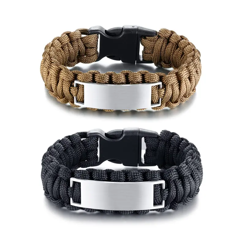 โลโก้ที่กำหนดเองแผ่นเหล็กสแตนเลส paracord survival Bracelet