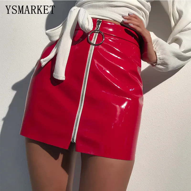 Ysmarket saia feminina de couro sintético, saia vintage de zíper de couro pu, sexy, streetwear, lápis vermelho, mini club bodycon, novidade outono