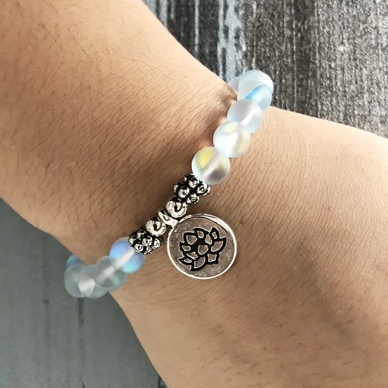 SN1535 Bán Chạy Nhất Màu Xanh Moonstone Mala Trang Sức Cầu Nguyện Hạt Chữa Bệnh Metitation Bobo Cổ Tay Om Mala Yoga Lotus Bracelet Cho Unisex