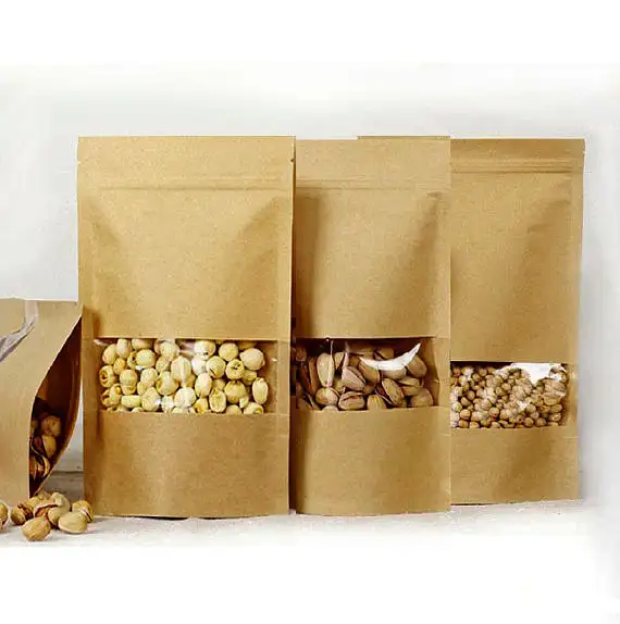 Kraft kağıt dik torba kilitli temiz pencere gıda aperatif için kağıt ambalaj