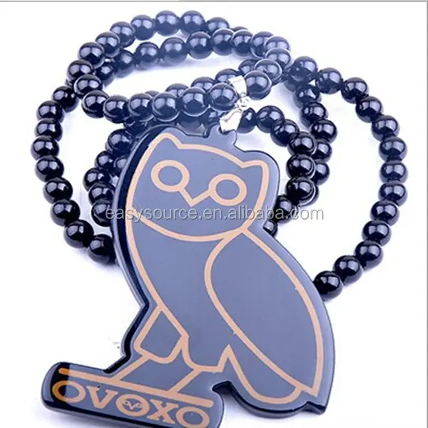 Collier hip hop NYC en forme de hibou pour hommes, pendentifs, chaînes, perles, bon bois, 1 pièce