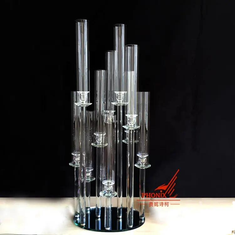 Hot sale cheap 100 cm tall 10 arms clear glass tube candelabra crystal table top decoration candle holder wedding candlestick