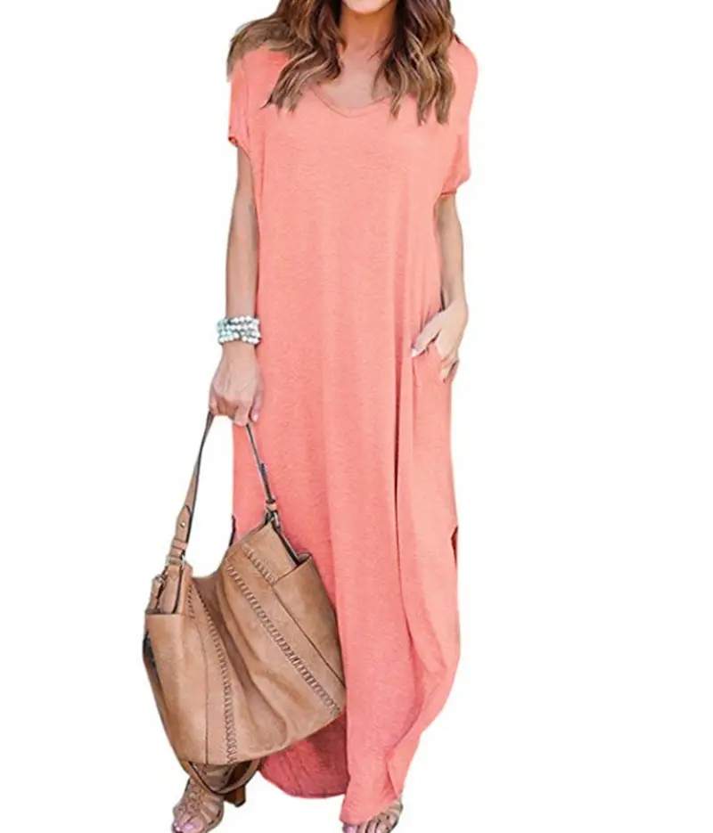 WomenのCasual Loose Pocket Long Dress Short Sleeve Split Maxi Dresses