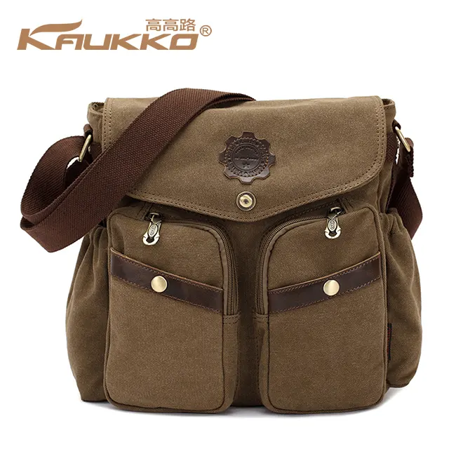 KAUKKO Tas Selempang Kanvas Pria, Tas Kurir Olahraga, Tas Bahu Retro Warna Khaki